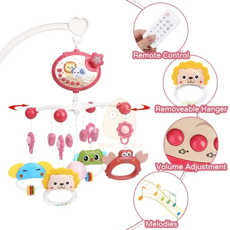 Mini Tudou baby crib mobile with musical projector, rotating rattle toy, night light, and educational features for infants 0-12 months.