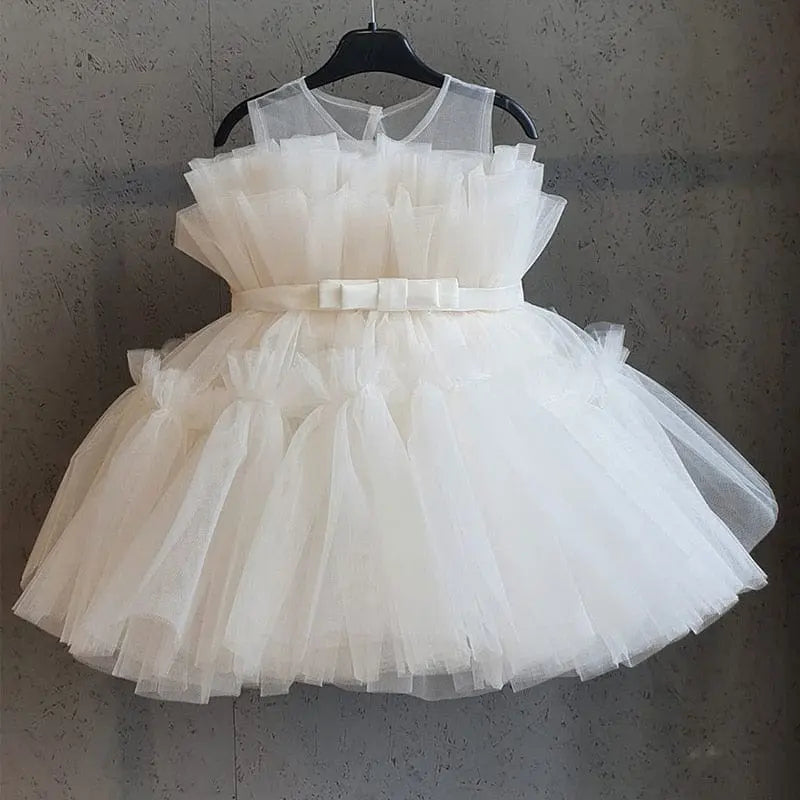 Baby girl floral tulle ball gown from Showlu Fashion Store, sleeveless, elegant dress with floral details for birthday or special occasions.