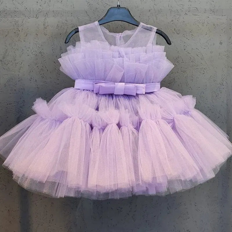 Baby girl floral tulle ball gown with sleeveless design, perfect for birthday parties, baptisms, and special occasions.
