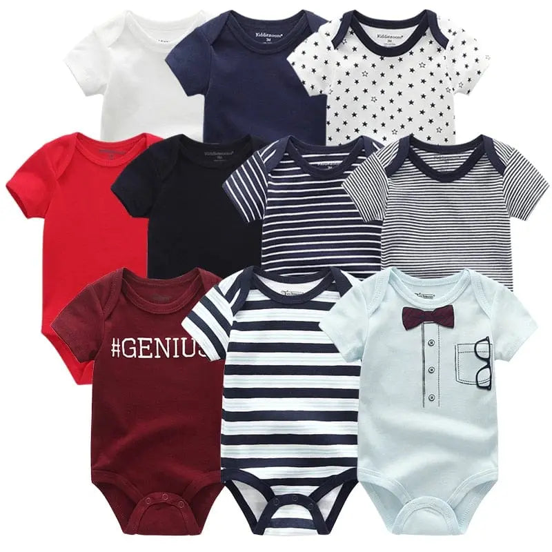 Five striped cotton baby rompers for boys, short sleeve jumpsuits in a 5-pack by Showlu Fashion Store, perfect for summer.