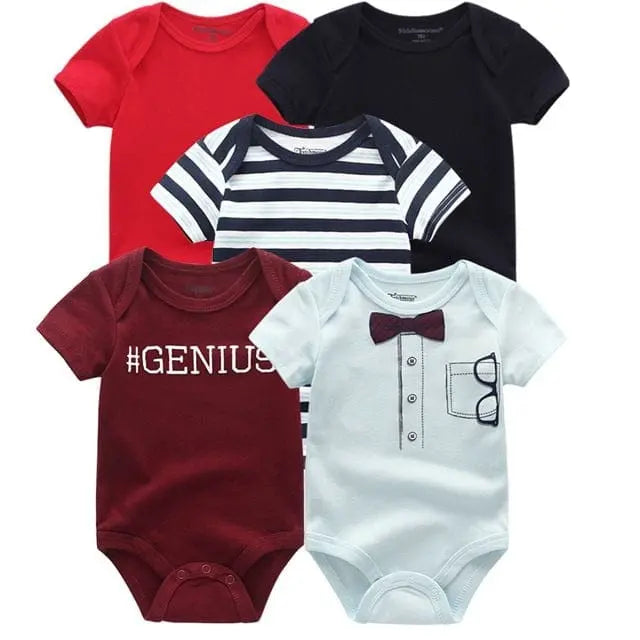 Set of five striped cotton baby rompers from Showlu Fashion Store, short sleeve jumpsuits for infants and toddlers.