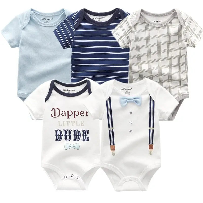 Five striped cotton baby rompers in a 5-pack, short sleeve jumpsuits for infants, showing colorful, high-quality baby clothing.