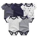Set of five striped cotton baby rompers from Showlu Fashion Store, short sleeve jumpsuits for infants and newborns.