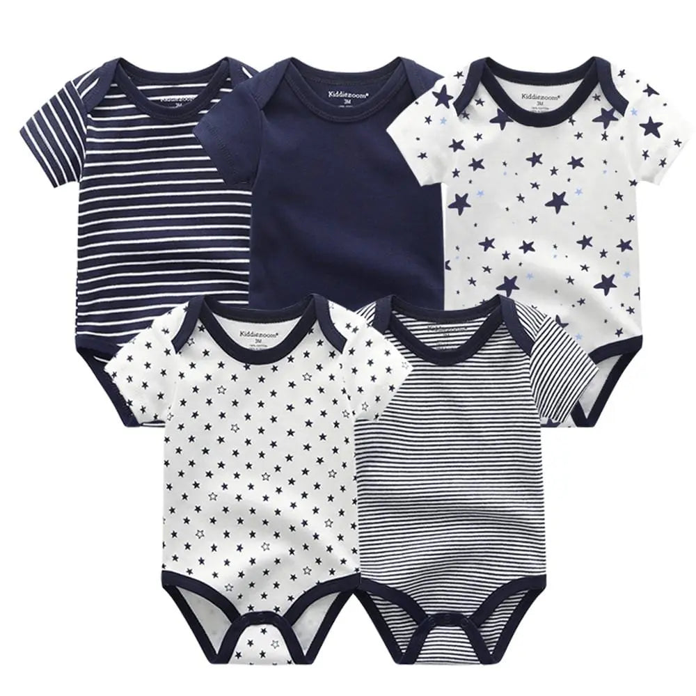 Set of five striped cotton baby rompers from Showlu Fashion Store, short sleeve jumpsuits for infants and newborns.