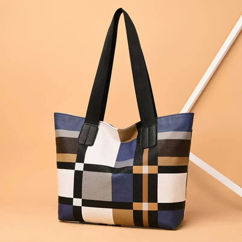 Large contrast color PU leather tote bag for women with spacious interior, stylish Korean-inspired design by Showlu Fashion Store