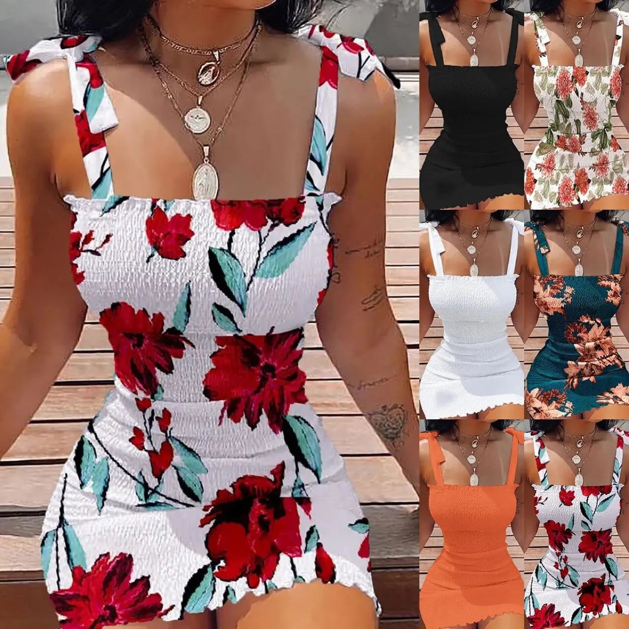 Showlu Women's flower print mini beach dress featuring a slim fit bohemian style, perfect for beach, travel, or party wear.