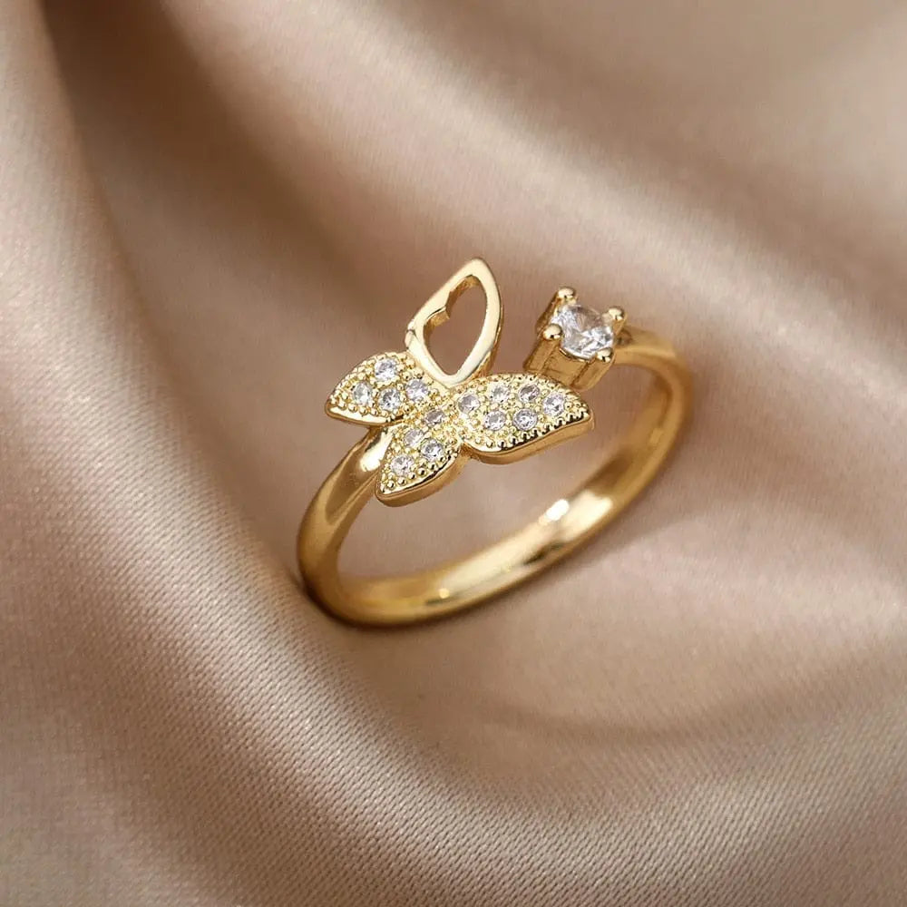 Adjustable stainless steel bee and butterfly ring with cubic zirconia accents, elegant jewelry for women.