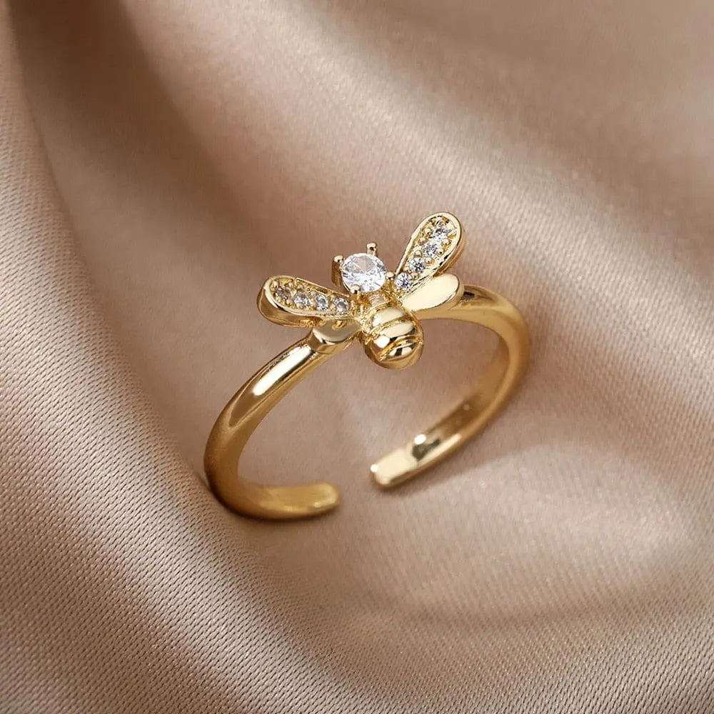 Adjustable stainless steel bee and butterfly ring with cubic zirconia accents, elegant jewelry for women, ideal for birthdays.