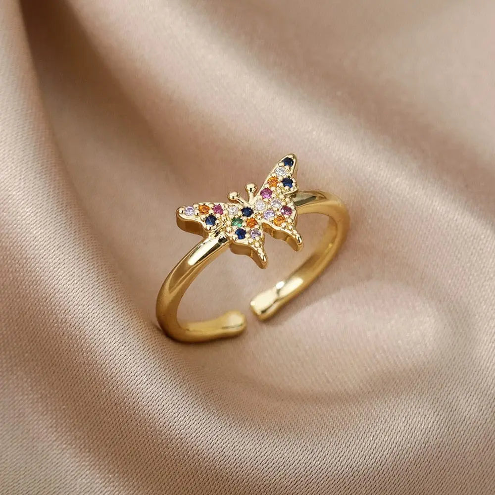 Elegant open adjustable stainless steel bee and butterfly ring with cubic zirconia accents, ideal for women’s birthday jewelry.