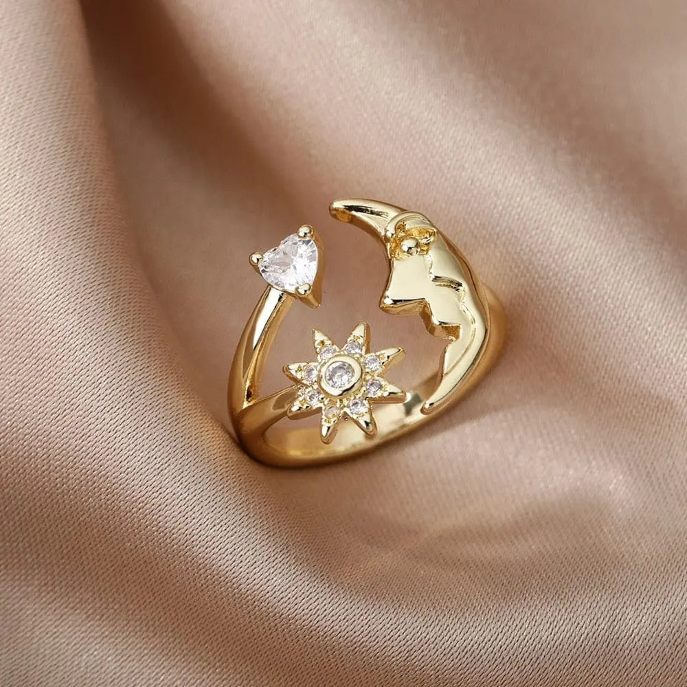 Adjustable stainless steel bee and butterfly ring with cubic zirconia accents, elegant jewelry for women.