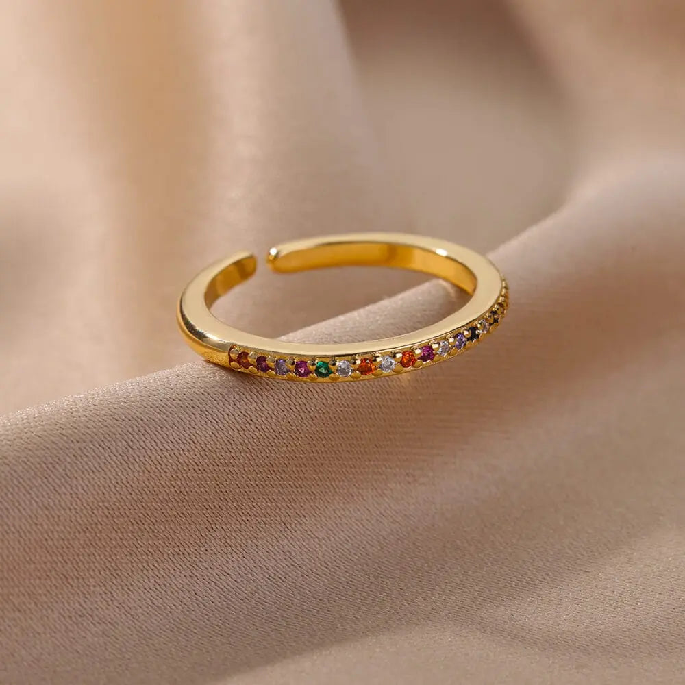 Adjustable stainless steel bee and butterfly ring with cubic zirconia accents, featuring moon and heart designs for women.