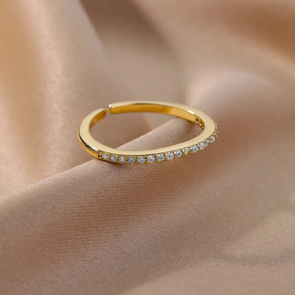 Adjustable stainless steel bee and butterfly ring with cubic zirconia accents, featuring moon and heart designs for women.