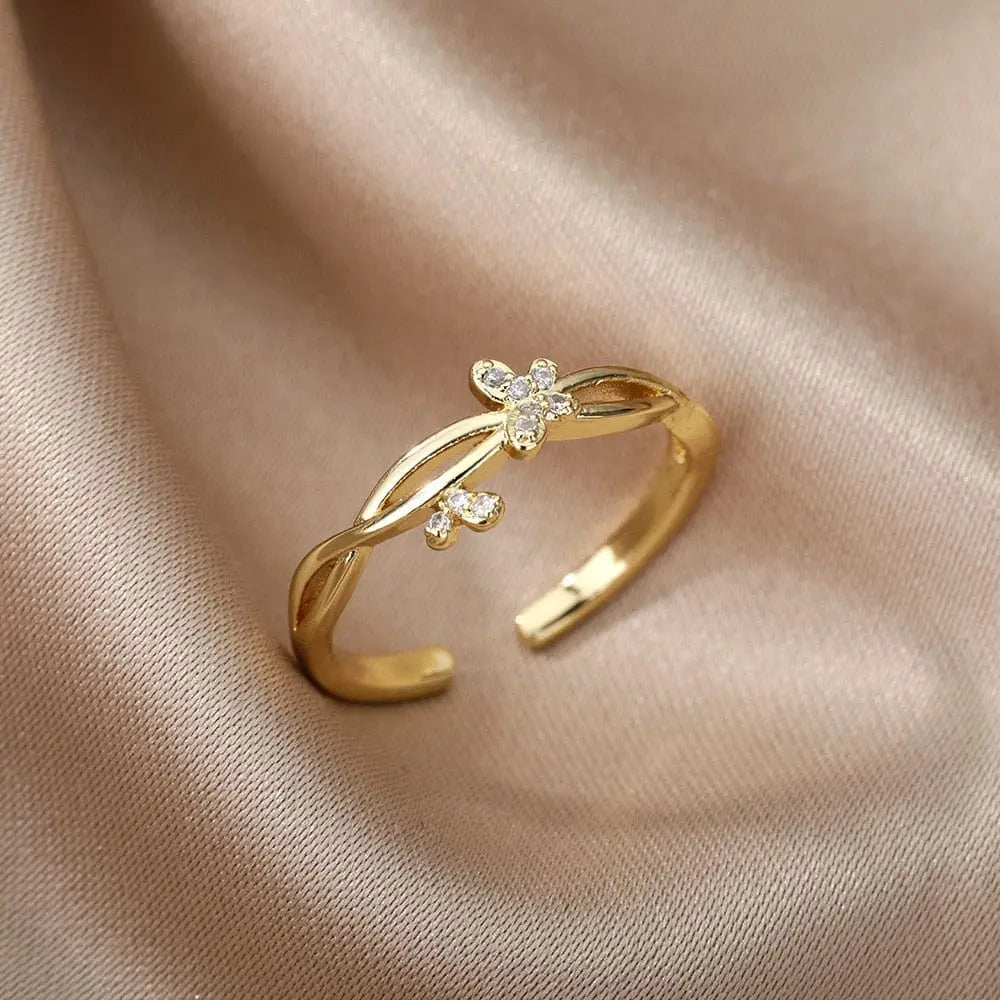 Adjustable stainless steel bee and butterfly ring with cubic zirconia accents, elegant jewelry for women by Showlu Store Nation.