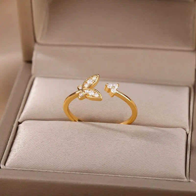 Adjustable stainless steel bee and butterfly ring with cubic zirconia accents, elegant jewelry for women.