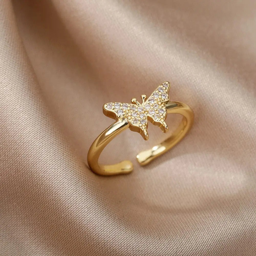 Elegant HPTOTMG bee butterfly adjustable stainless steel ring with cubic zirconia, featuring moon and heart designs for women.