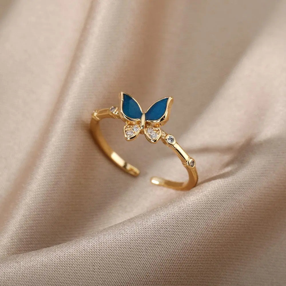 Adjustable stainless steel bee and butterfly ring with cubic zirconia accents, elegant jewelry for women.