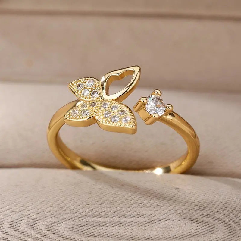 Adjustable stainless steel bee butterfly ring with cubic zirconia accents, elegant jewelry for women.