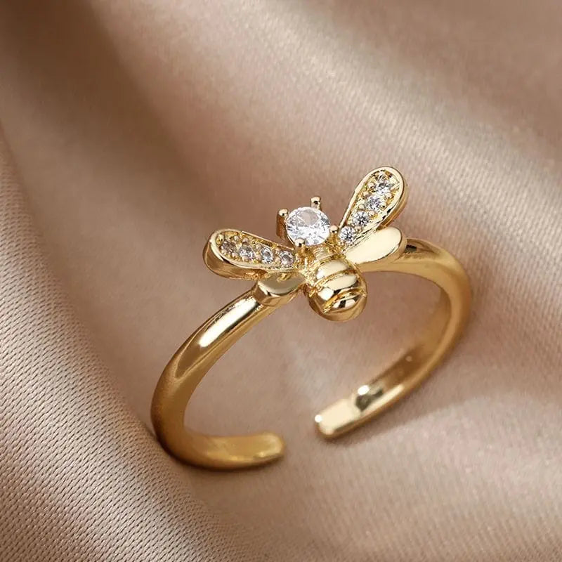 Adjustable stainless steel bee and butterfly ring with cubic zirconia accents, elegant jewelry for women.