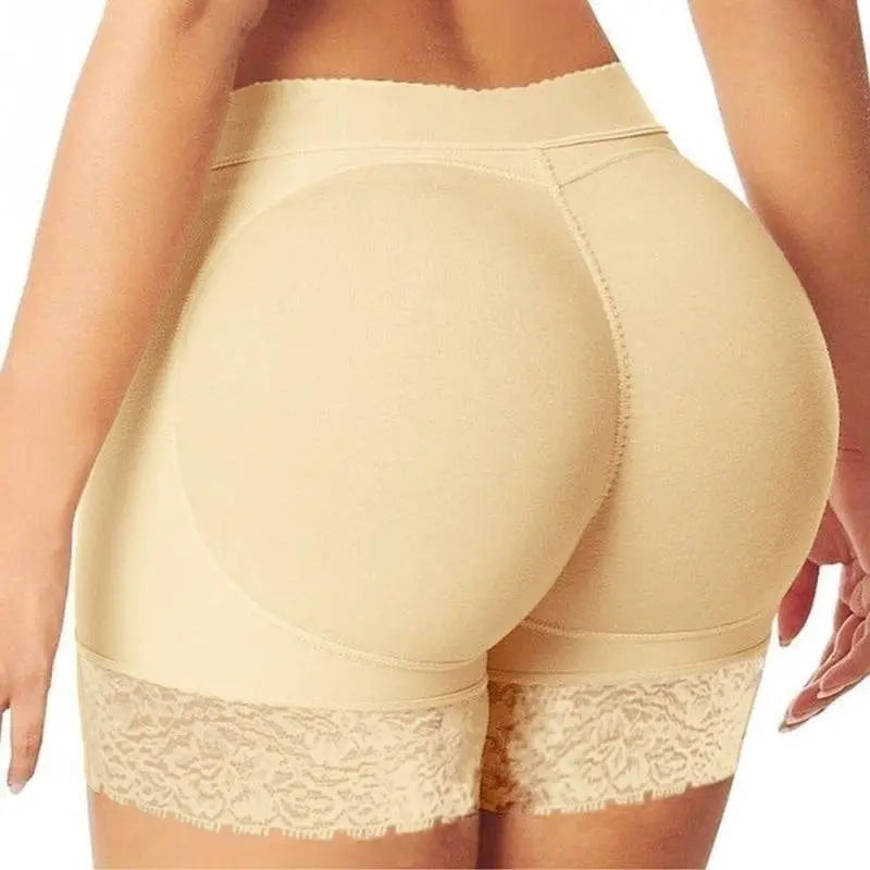 A woman shown from the back wears Body Shapers Butt Lifter Faja Plus Size Slimming Tummy Control Lace Decorated Padded Panties, highlighting their shaping effect, tummy control, and snug fit with lace trim.