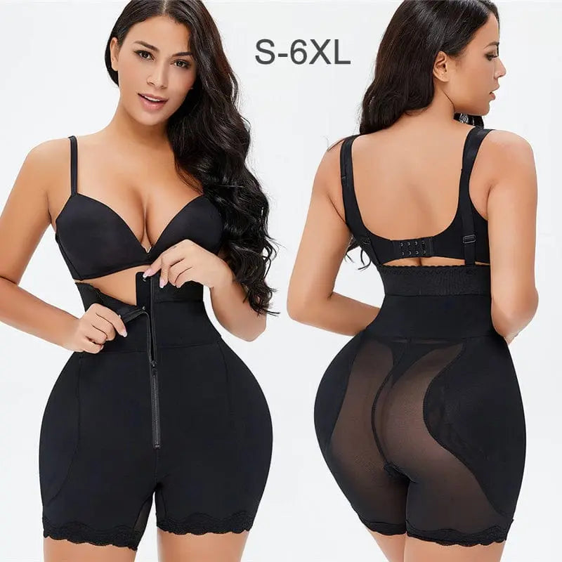 Two women model the Body Shapers Butt Lifter Faja Plus Size Slimming Tummy Control Lace Decorated Padded Panties, featuring a front zipper, lace trim, and sheer mesh back panels. Available in sizes S-6XL.