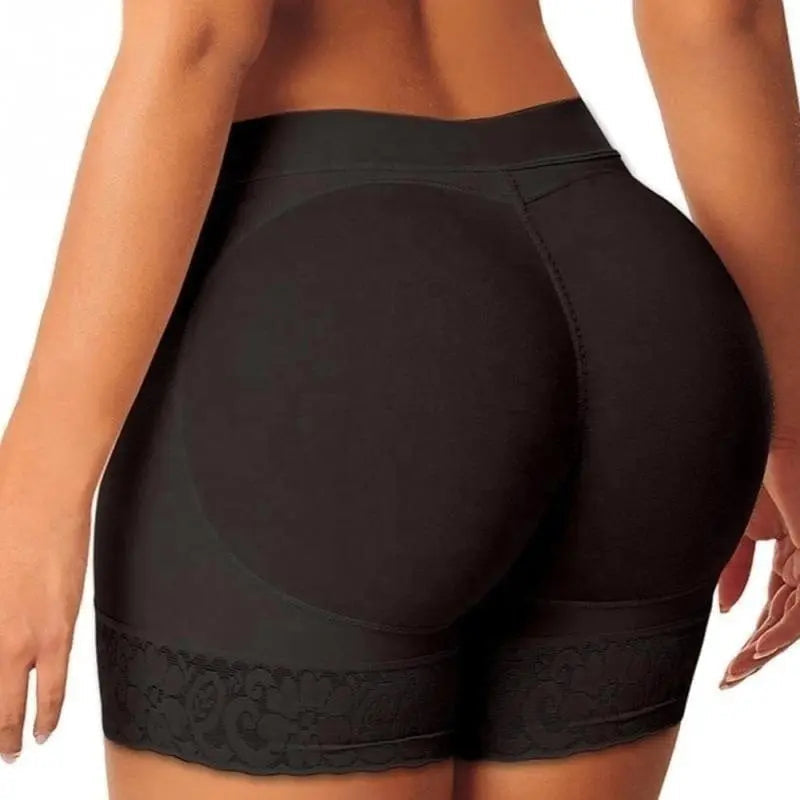 A model showcases the Body Shapers Butt Lifter Faja Plus Size Slimming Tummy Control Lace Decorated Padded Panties for Women from the back, highlighting its curve-enhancing fit and stylish lace trim.