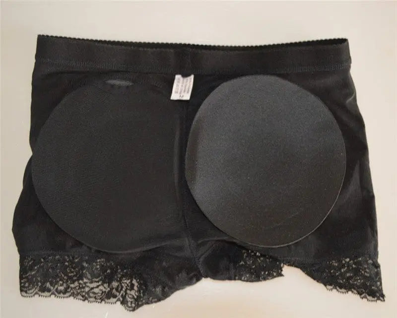 Body Shapers Butt Lifter Faja Plus Size Slimming Tummy Control Lace Decorated Padded Panties for women, featuring black lace-trimmed shorts with padded inserts to enhance and lift the buttocks.