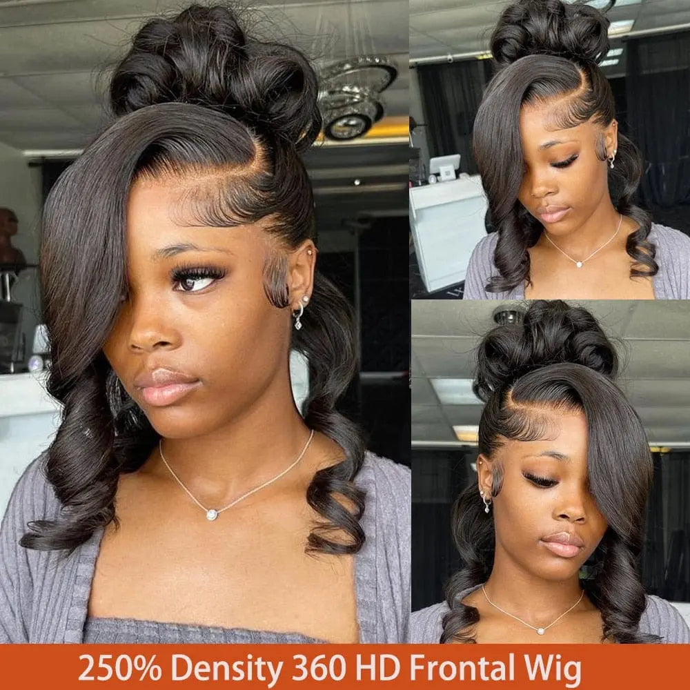 Aaliweya Body Wave HD Lace Frontal Wig in 13x4 Brazilian human hair, showing loose wave texture and transparent lace for women.
