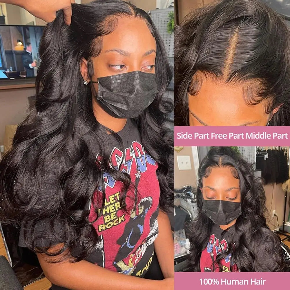 Aaliweya Brazilian human hair body wave HD lace frontal wig with 13x4 transparent lace for women, 30-40 inch length.