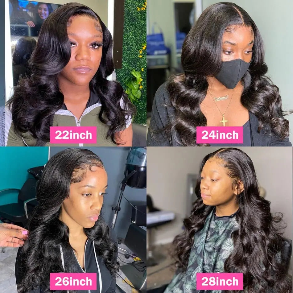 Aaliweya Body Wave HD Lace Frontal Wig with 13x4 Brazilian human hair in 30-40 inches, showcasing loose wave style and transparent lace.