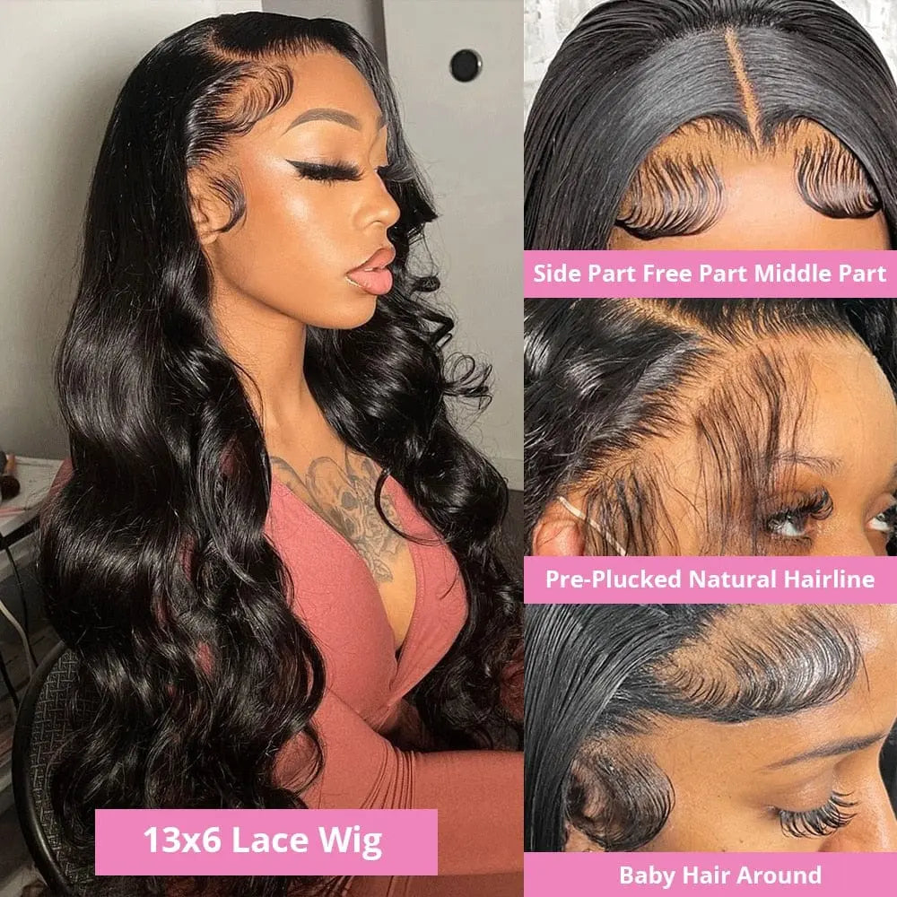 Aaliweya Body Wave HD lace frontal wig with 13x4 Brazilian human hair, 30-40 inches, featuring transparent lace for natural look