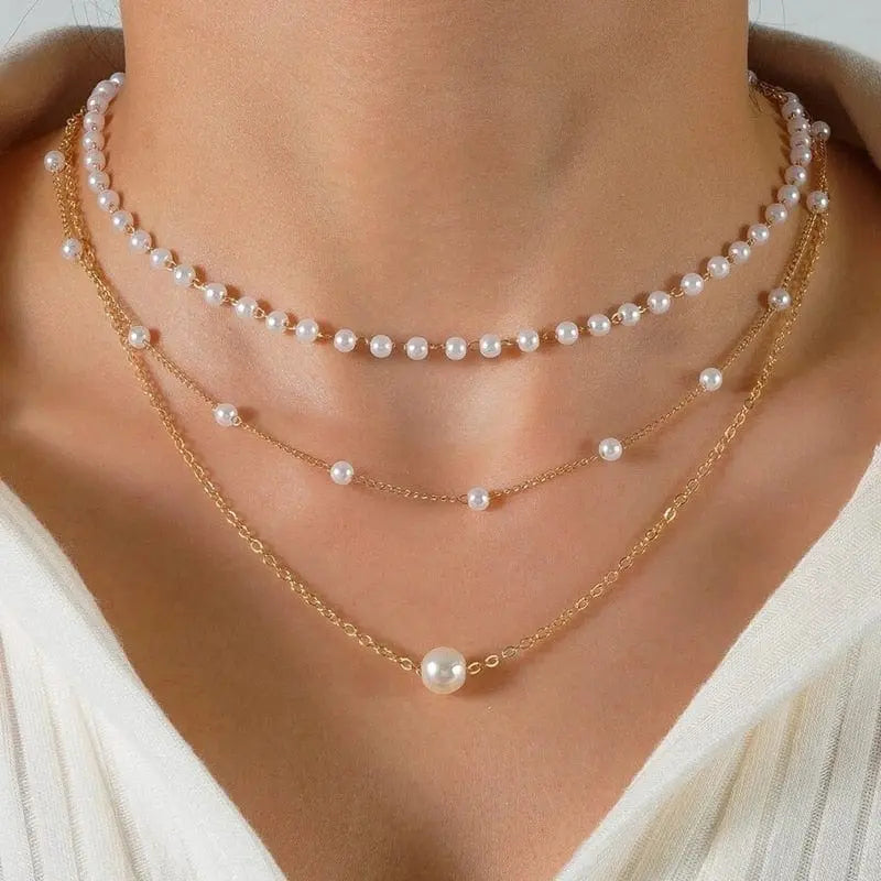Gold boho multilayer chain necklace with pearl, cross, and heart pendant, elegant jewelry piece by Showlu Fashion Store