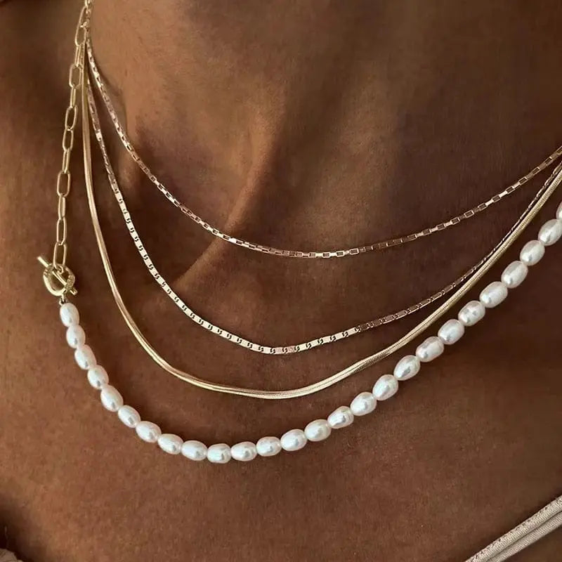 Gold boho multilayer chain necklace with pearl cross and heart pendant, elegant jewelry by Showlu Fashion Store.