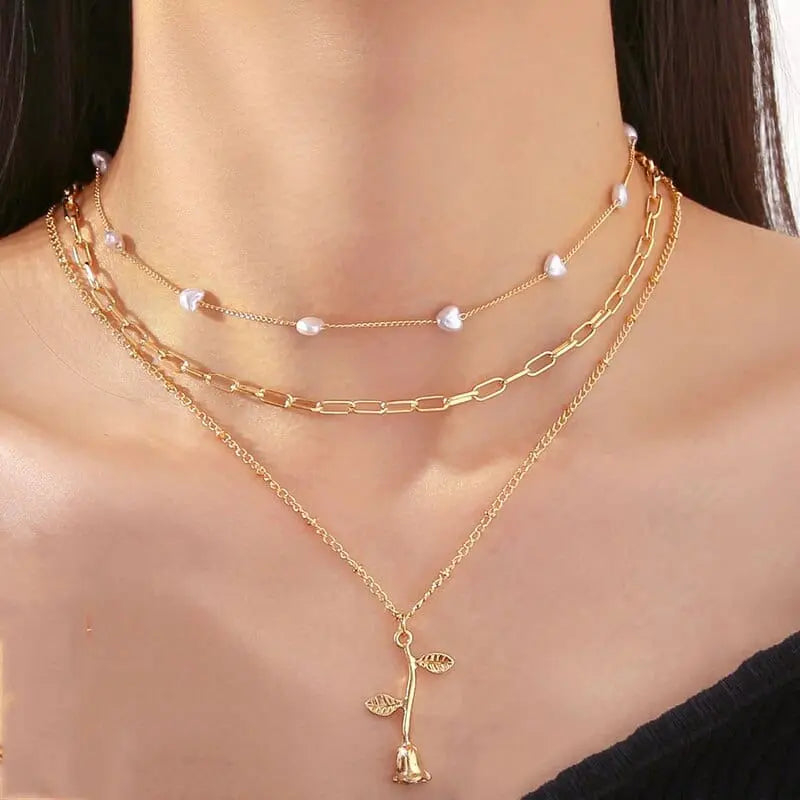 Gold boho multilayer chain necklace with pearl, cross, and heart pendants, elegant jewelry for women by Showlu Fashion Store
