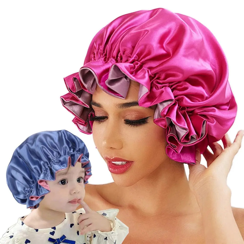 Showlu Store double-layer satin bonnet for mom and baby, silky sleep cap with high-quality satin fabric and comfortable fit