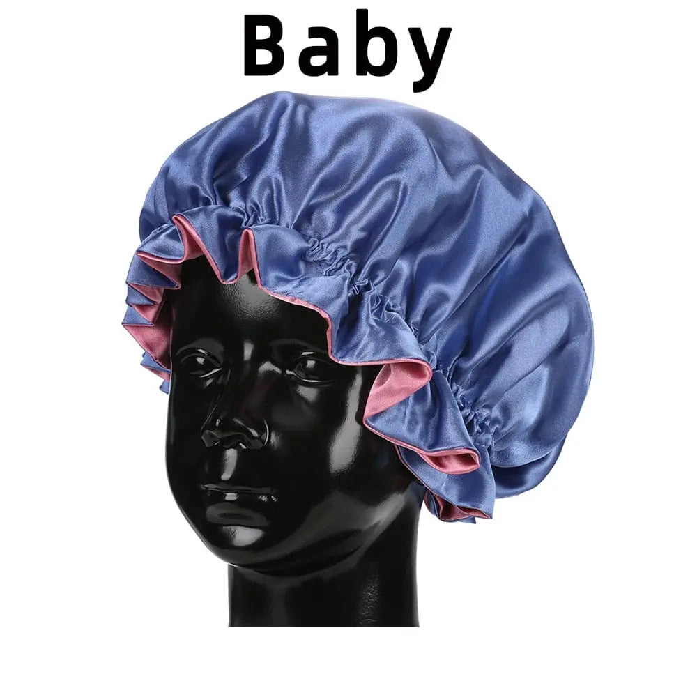 Showlu Store double-layer satin bonnet for mom and baby, silky sleep cap with a high-quality, smooth satin finish.