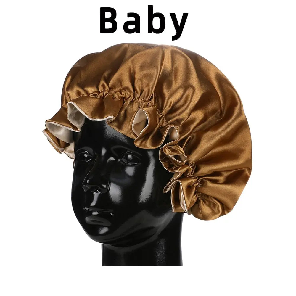 Showlu Store double-layer satin bonnet for mom and baby, silky sleep cap with high-quality satin fabric and comfortable fit