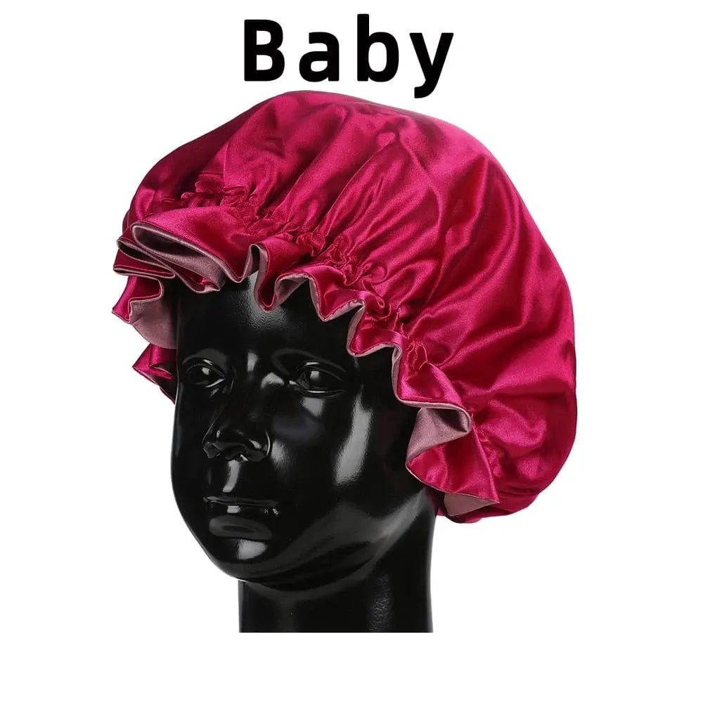 Showlu Store double-layer satin bonnet for mom and baby, silky sleep cap with high-quality smooth satin fabric, large and comfortable.