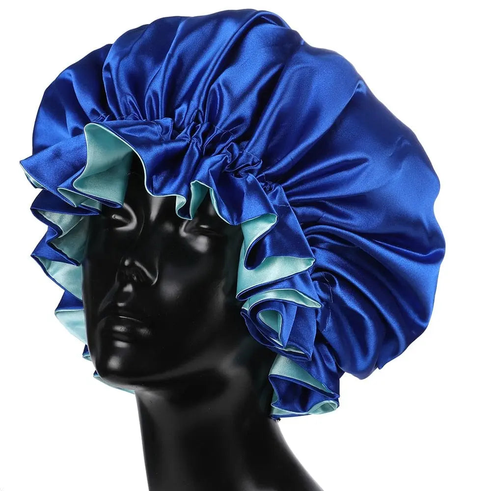 Showlu Store double layer satin bonnet for mom and baby, silky sleep cap with high-quality satin fabric and wide head wrap.