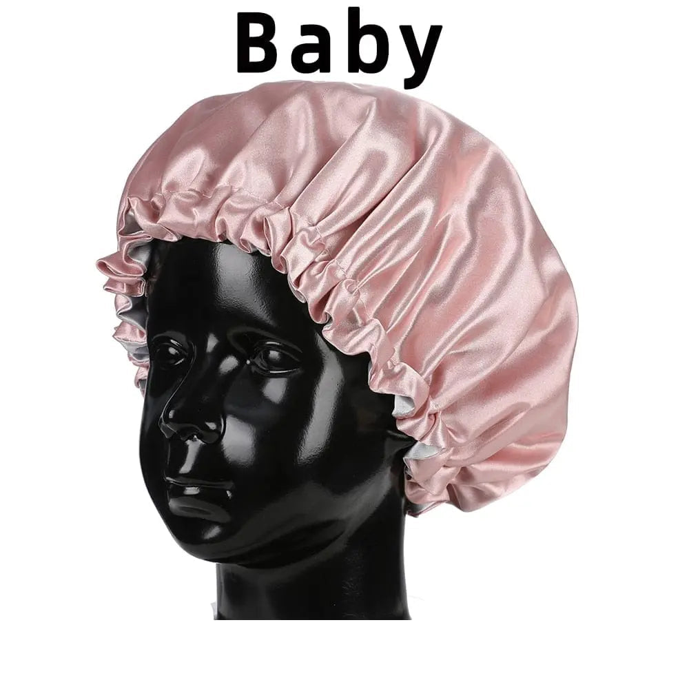 Showlu Store double-layer satin bonnet for mom and baby, silky sleep cap with a smooth, high-quality satin finish and comfortable fit.