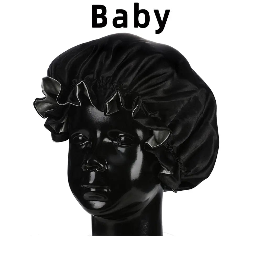 Showlu Store double layer satin bonnet for mom and baby, silky sleep cap with high-quality satin fabric and comfortable fit.