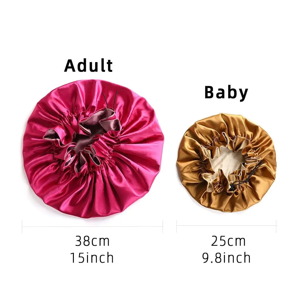 Showlu Store double layer satin bonnet for mom and baby, silky sleep cap with high-quality satin fabric and comfortable fit.