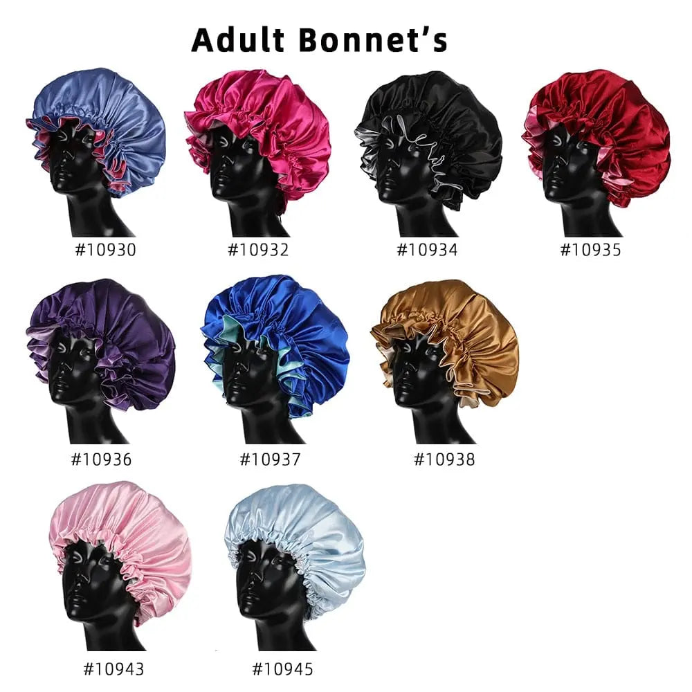 Showlu Store double-layer satin bonnet for mom and baby, silky sleep cap with a wide, high-quality satin head wrap design.