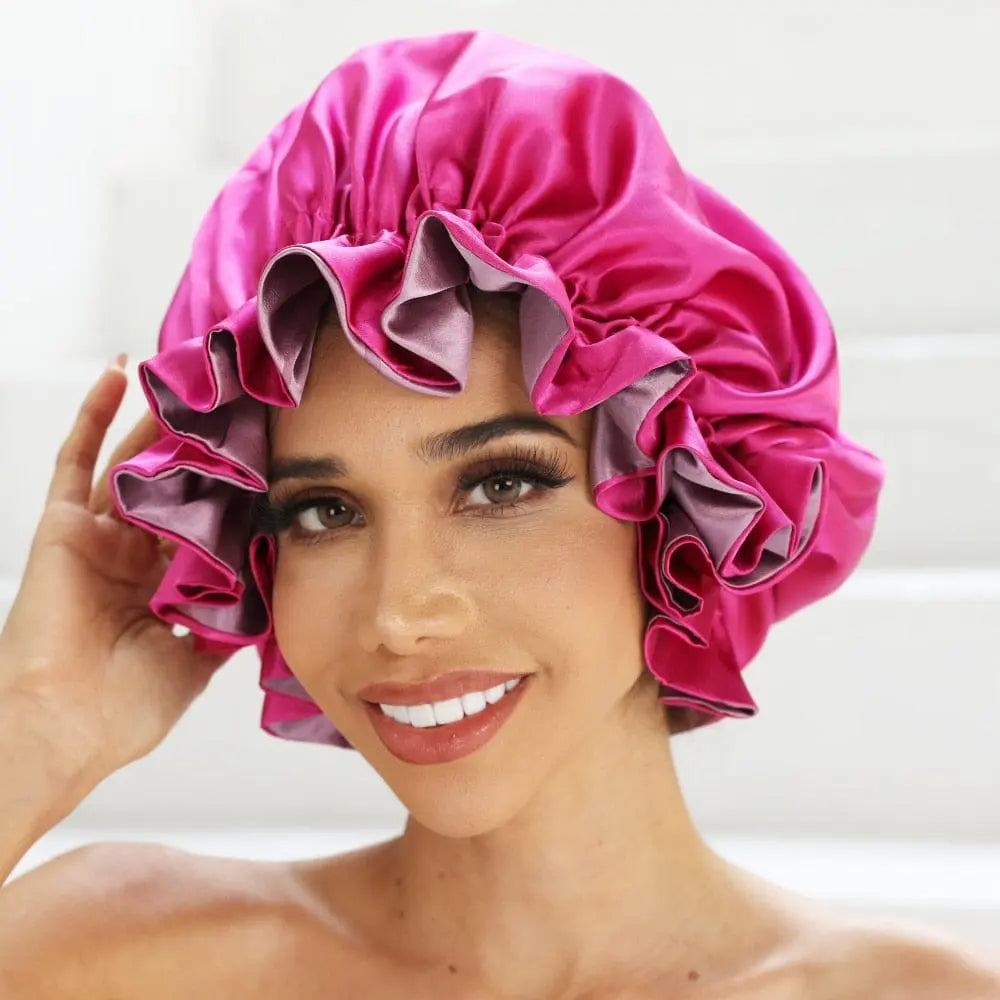 Showlu Store double-layer satin bonnet for mom and baby, silky sleep cap with high-quality satin fabric and comfortable head wrap