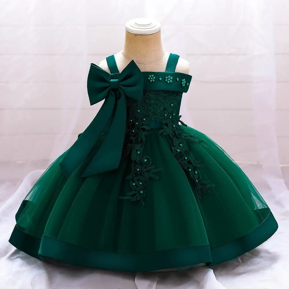 Baby girl lace flower party dress by Showlu Fashion Store, sleeveless bow ball gown perfect for birthdays and special occasions.
