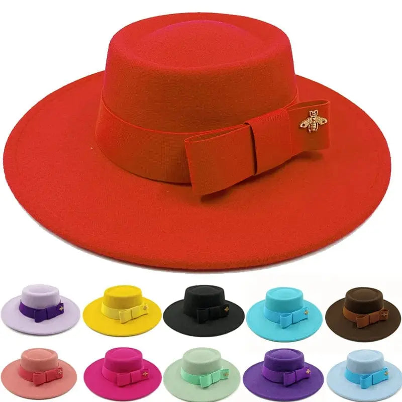 Red Showlu fedora hat with a flat top, bow tie, elastic band, and bumpy surface, suitable for men and women.