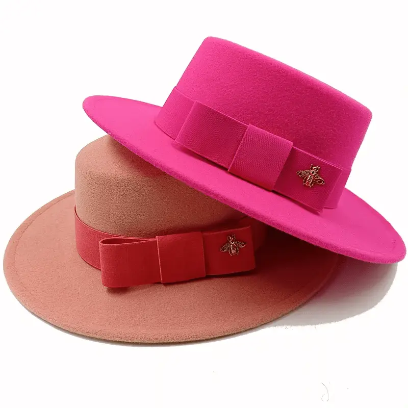 Red Showlu Fedora hat with flat top, bow tie, and elastic band, made of cotton polyester, unisex jazz style for men and women.