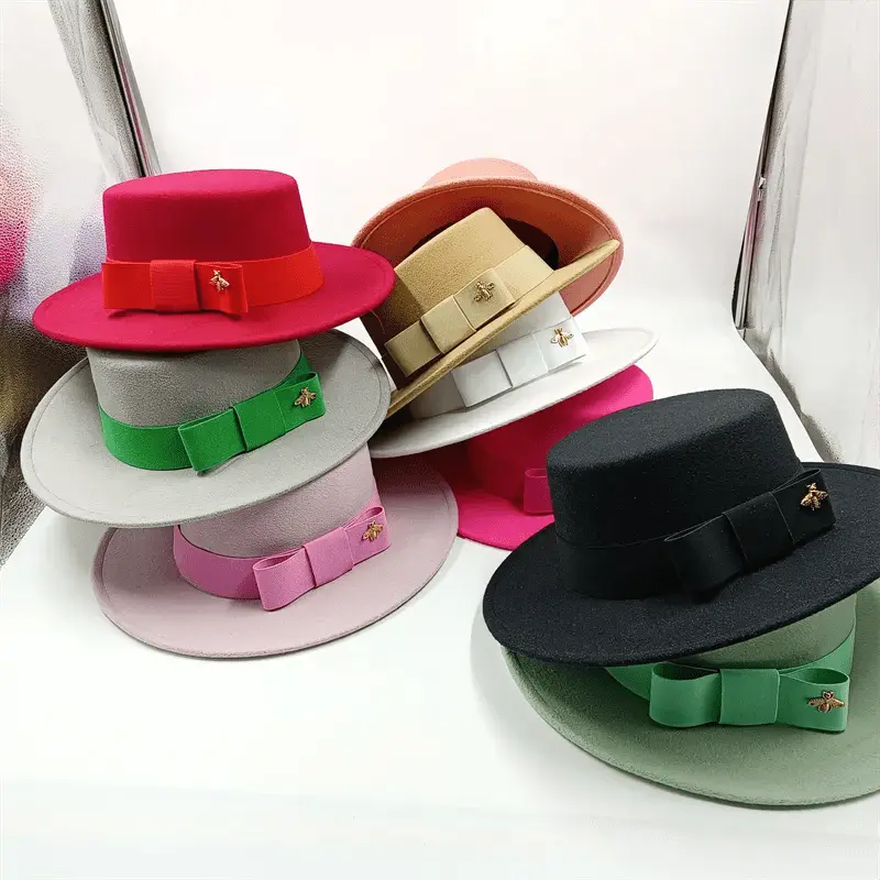 Red Showlu Fedora hat with flat top, bumpy surface, bow tie, elastic band, unisex cotton polyester jazz hat for men and women.