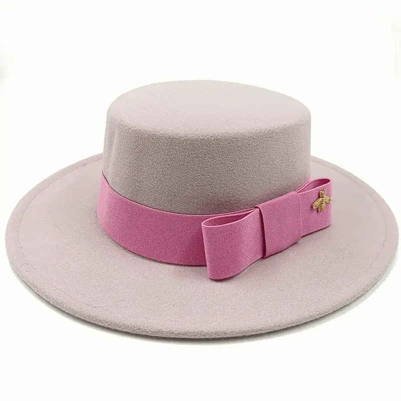 Showlu red unisex fedora hat with flat top, bow tie, elastic band, and bumpy surface, suitable for winter jazz fashion.
