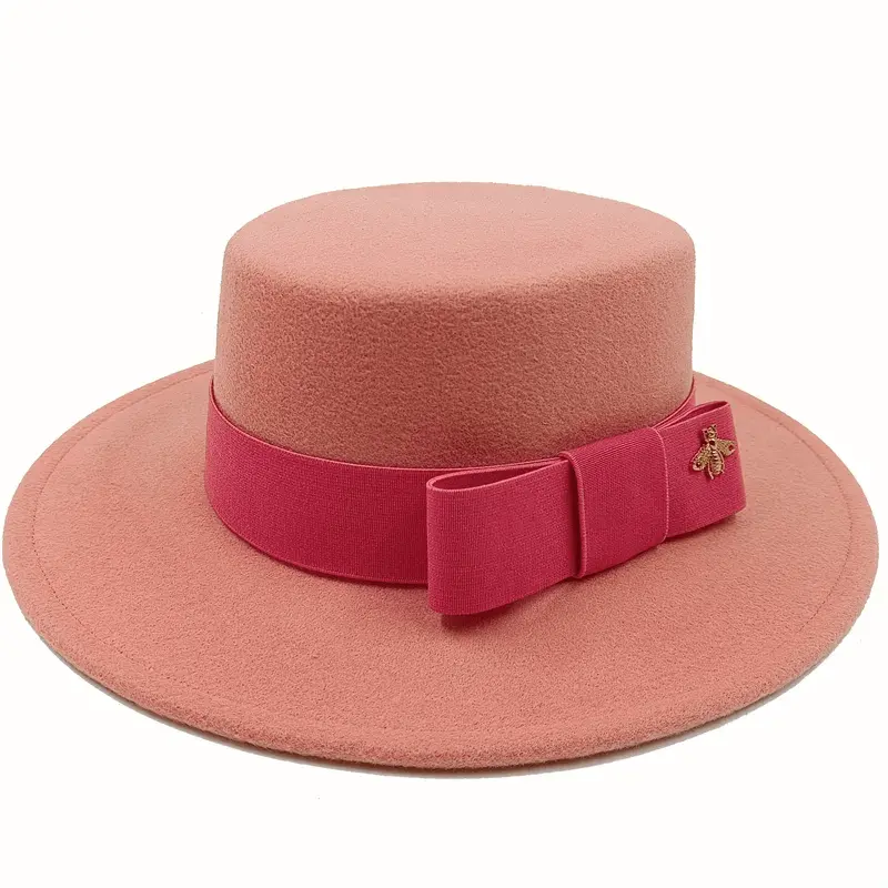 Red Showlu unisex fedora hat with flat top, bumpy surface, bow tie, and elastic band, suitable for winter jazz fashion.