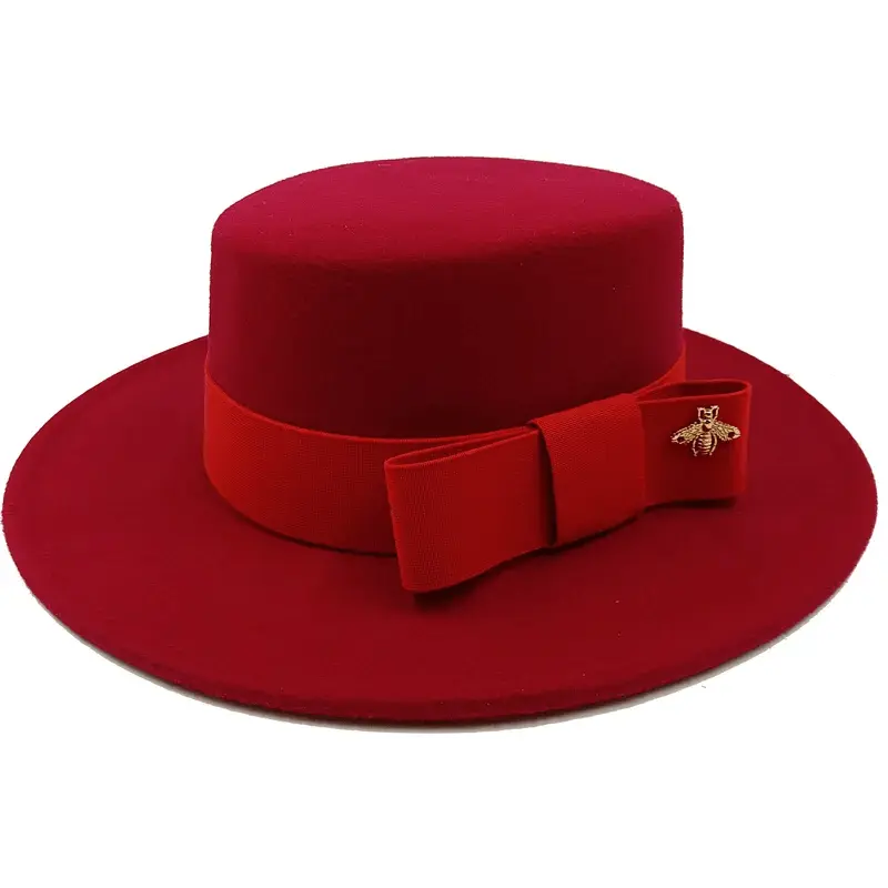 Red Showlu Fedora hat with flat top, bumpy surface, bow tie, elastic band, suitable for men and women, made of cotton polyester.